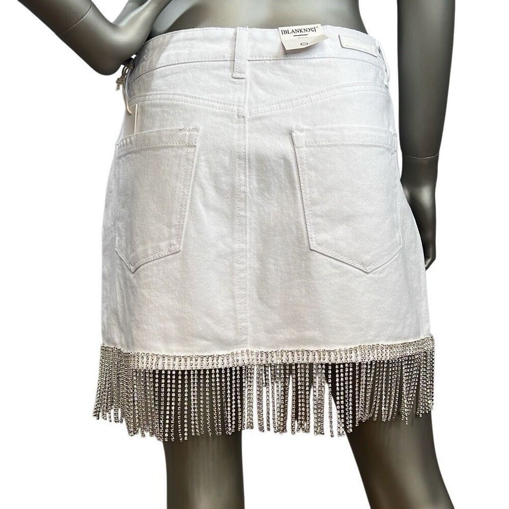 NWT BLANKNYC White Denim Fringe Skirt Rhinestone Trim Size 26 - Picture 8 of 16